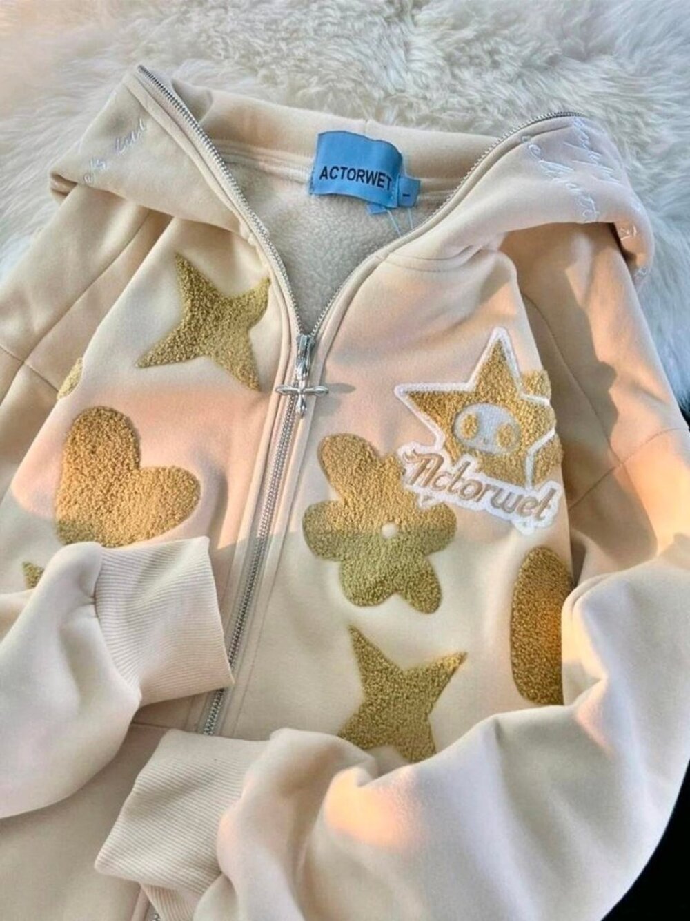 Adorned cream and gold zip up hoodie #loungewear #cozy